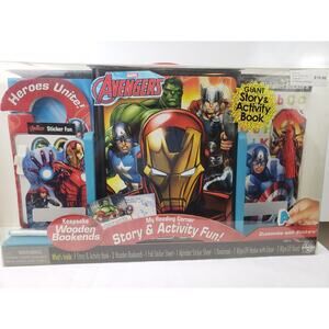 RARE Avengers Giant Story & Activity Book Wooden Bookends Stickers Marvel, 2015
